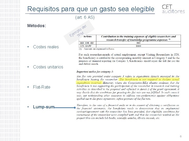 Requisitos para que un gasto sea elegible (art. 6 AS) Métodos: • Costes reales