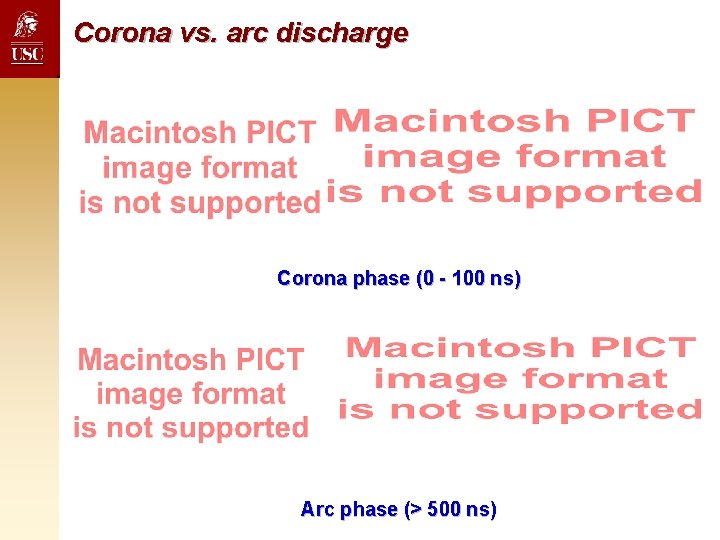 Corona vs. arc discharge Corona phase (0 - 100 ns) Arc phase (> 500 Corona vs. arc discharge Corona phase (0 - 100 ns) Arc phase (> 500