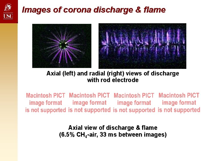 Images of corona discharge & flame Axial (left) and radial (right) views of discharge Images of corona discharge & flame Axial (left) and radial (right) views of discharge