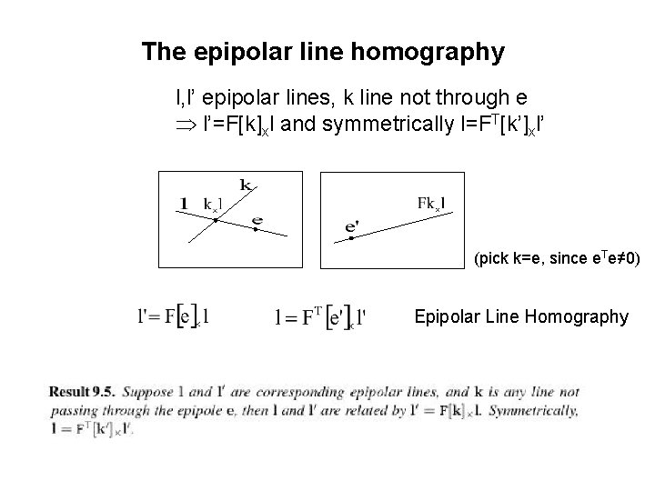 The epipolar line homography l, l’ epipolar lines, k line not through e l’=F[k]xl