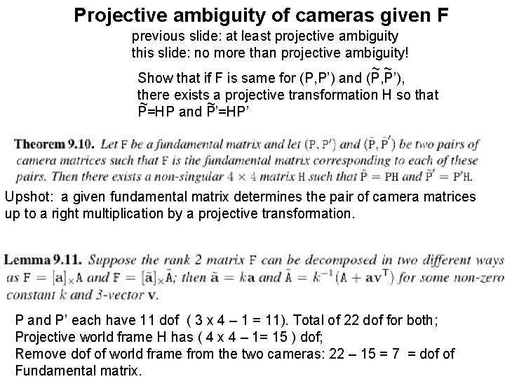 Projective ambiguity of cameras given F previous slide: at least projective ambiguity this slide: