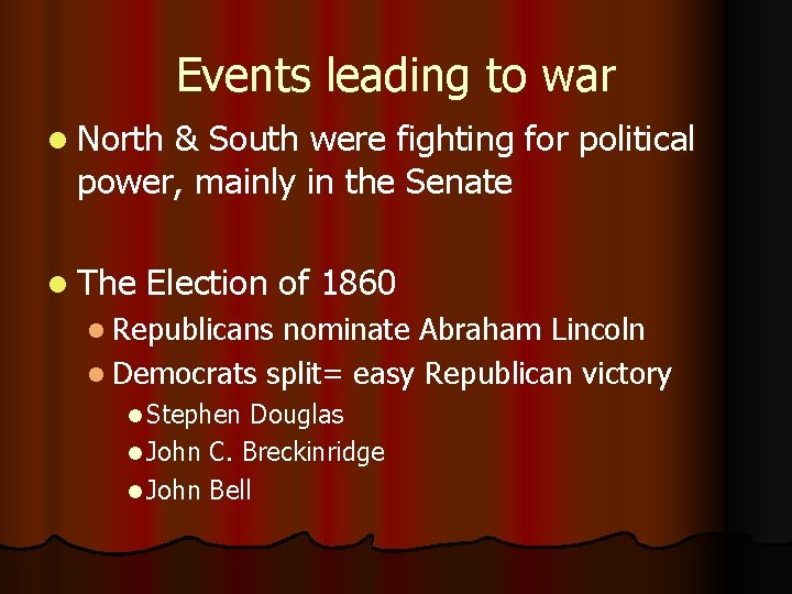 Events leading to war l North & South were fighting for political power, mainly