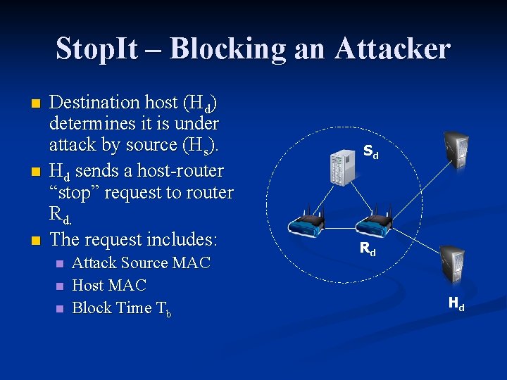 Stop. It – Blocking an Attacker n n n Destination host (Hd) determines it