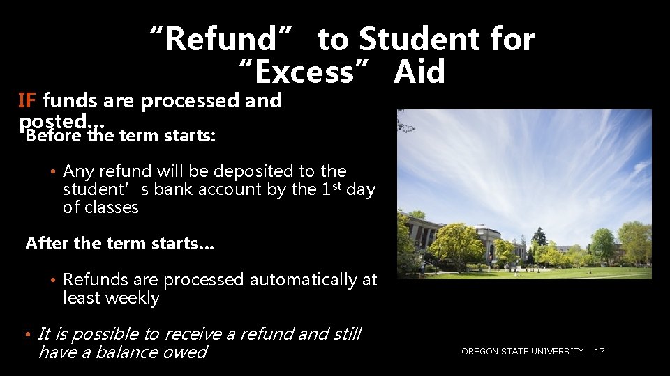 “Refund” to Student for “Excess” Aid IF funds are processed and posted… Before the