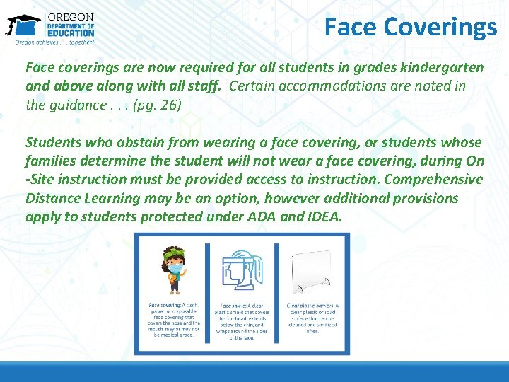 Face Coverings Face coverings are now required for all students in grades kindergarten and