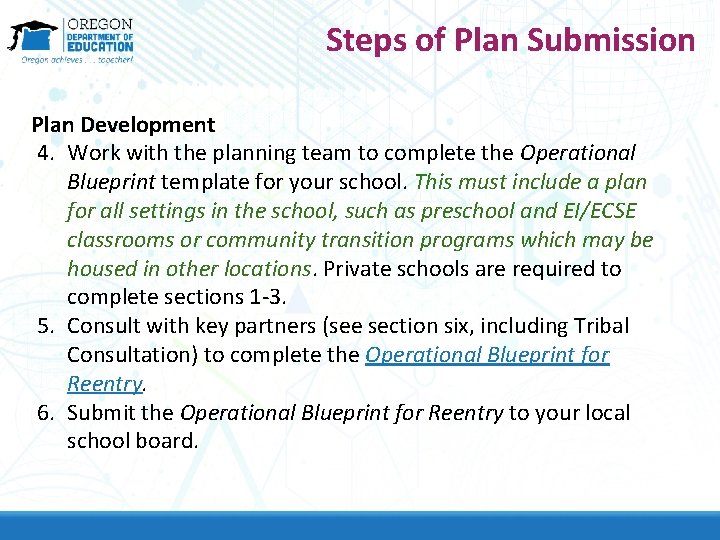 Steps of Plan Submission Plan Development 4. Work with the planning team to complete