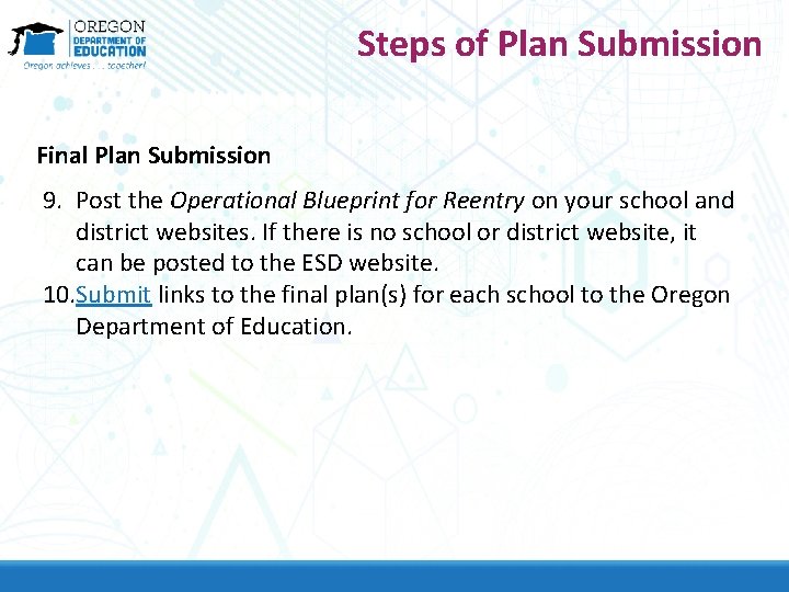 Steps of Plan Submission Final Plan Submission 9. Post the Operational Blueprint for Reentry