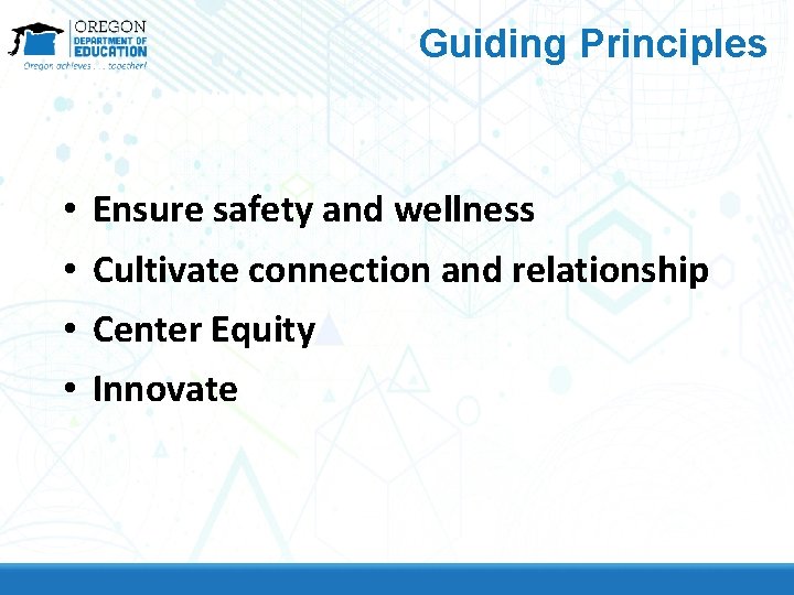 Guiding Principles • Ensure safety and wellness • Cultivate connection and relationship • Center