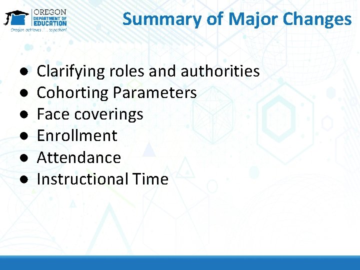 Summary of Major Changes ● ● ● Clarifying roles and authorities Cohorting Parameters Face