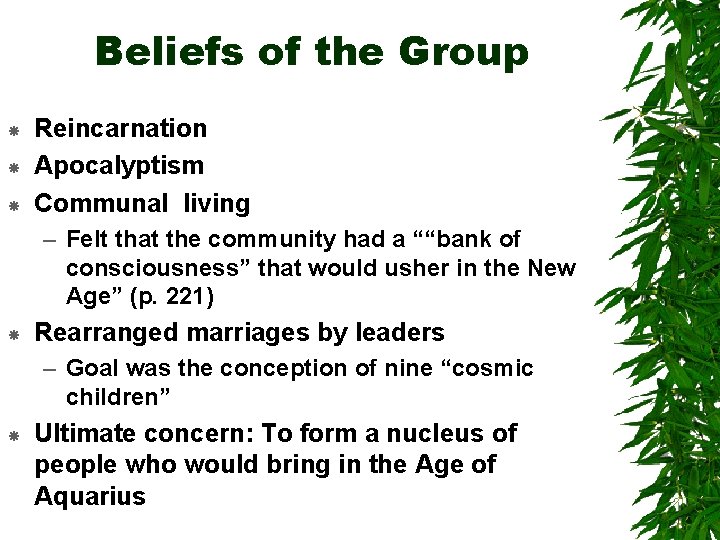 Beliefs of the Group Reincarnation Apocalyptism Communal living – Felt that the community had