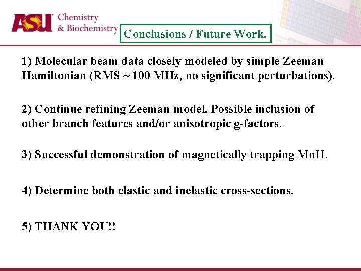 Conclusions / Future Work. 1) Molecular beam data closely modeled by simple Zeeman Hamiltonian