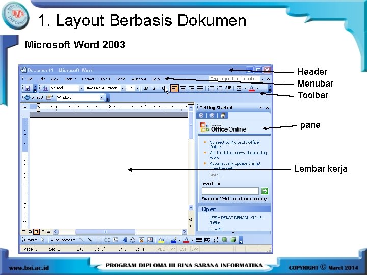 1. Layout Berbasis Dokumen Microsoft Word 2003 Header Menubar Toolbar pane Lembar kerja 
