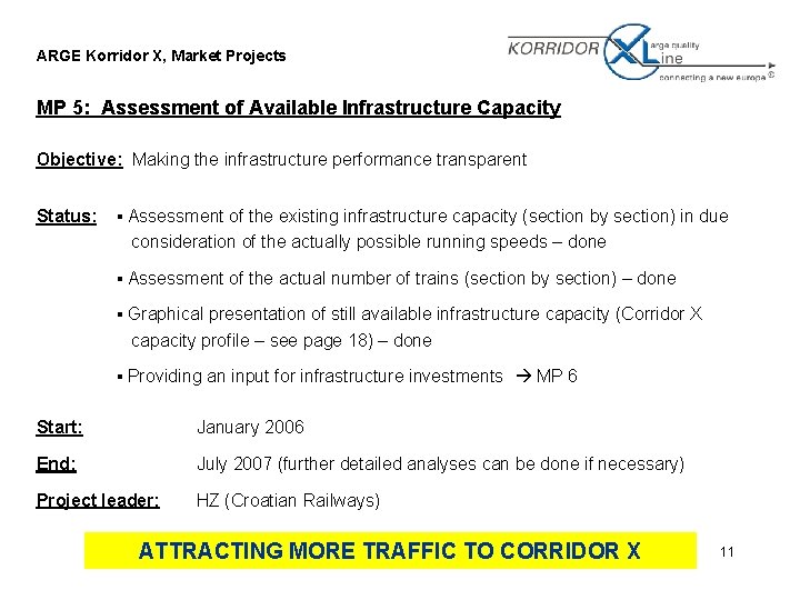 ARGE Korridor X, Market Projects MP 5: Assessment of Available Infrastructure Capacity Objective: Making