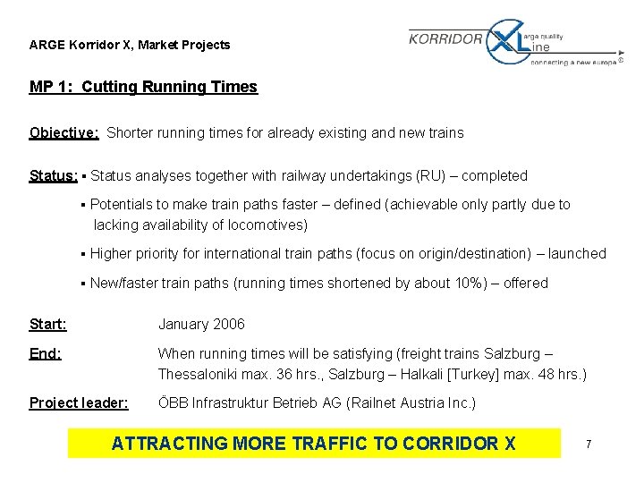 ARGE Korridor X, Market Projects MP 1: Cutting Running Times Objective: Shorter running times