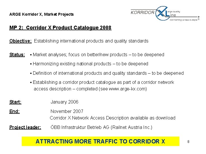 ARGE Korridor X, Market Projects MP 2: Corridor X Product Catalogue 2008 Objective: Establishing ARGE Korridor X, Market Projects MP 2: Corridor X Product Catalogue 2008 Objective: Establishing