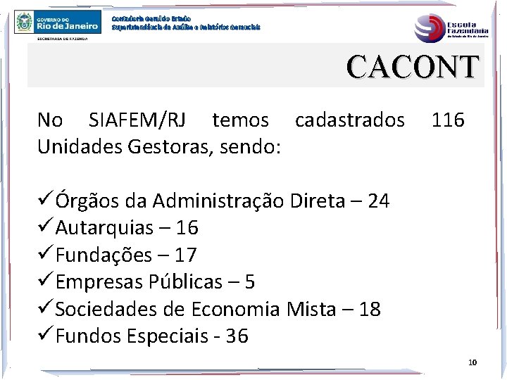 Contadoria Geral do Estado Superintendência de Análise e Relatórios Gerenciais CACONT No SIAFEM/RJ temos