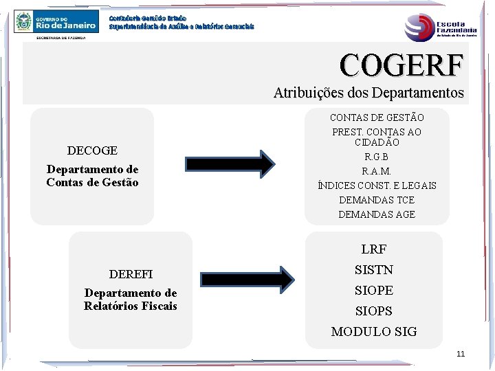 Contadoria Geral do Estado Superintendência de Análise e Relatórios Gerenciais COGERF Atribuições dos Departamentos