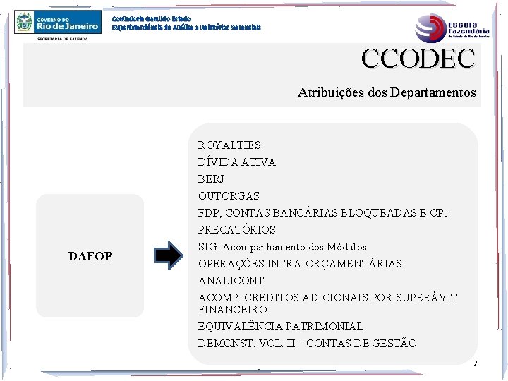 Contadoria Geral do Estado Superintendência de Análise e Relatórios Gerenciais CCODEC Atribuições dos Departamentos