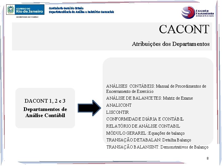 Contadoria Geral do Estado Superintendência de Análise e Relatórios Gerenciais CACONT Atribuições dos Departamentos Contadoria Geral do Estado Superintendência de Análise e Relatórios Gerenciais CACONT Atribuições dos Departamentos