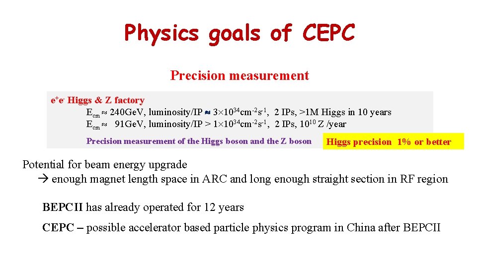 Physics goals of CEPC Precision measurement e+e- Higgs & Z factory Ecm 240 Ge.