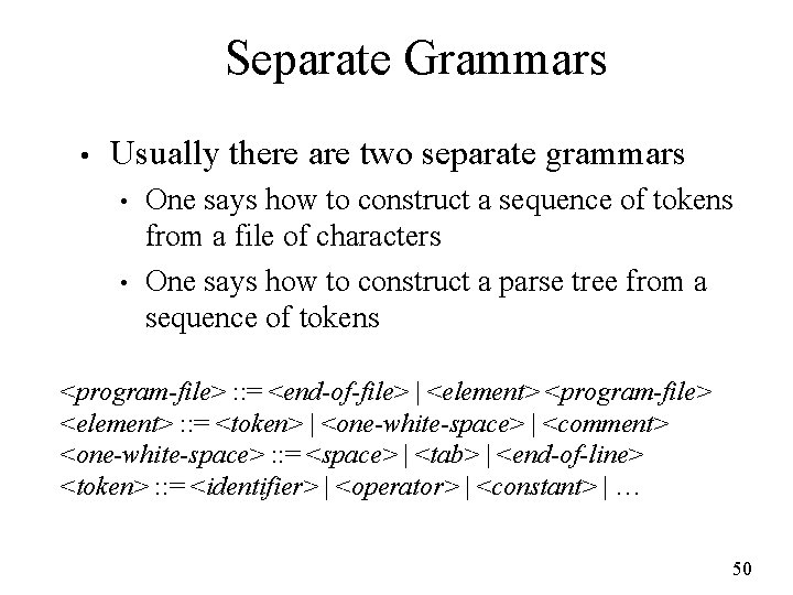 Separate Grammars • Usually there are two separate grammars • • One says how