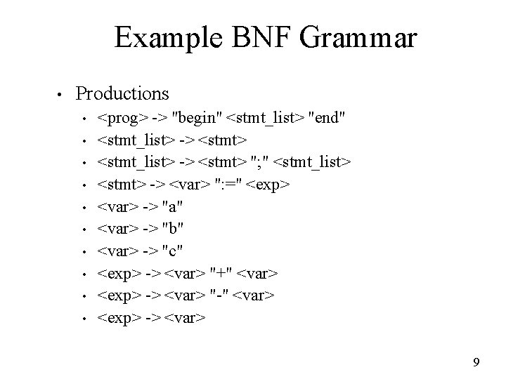 Example BNF Grammar • Productions • • • <prog> -> "begin" <stmt_list> "end" <stmt_list>