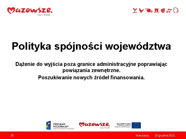 Polityka spójności województwa Dążenie do wyjścia poza granice administracyjne poprawiając powiązania zewnętrzne. Poszukiwanie nowych Polityka spójności województwa Dążenie do wyjścia poza granice administracyjne poprawiając powiązania zewnętrzne. Poszukiwanie nowych