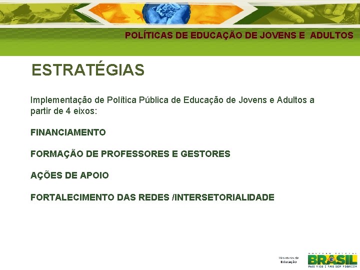 POLÍTICAS DE EDUCAÇÃO DE JOVENS E ADULTOS ESTRATÉGIAS Implementação de Política Pública de Educação