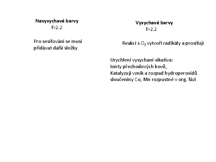 Nevysychavé barvy f<2. 2 Pro sesíťování se musí přidávat další složky Vysychavé barvy f>2.