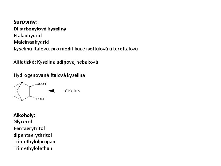 Suroviny: Dikarboxylové kyseliny Ftalanhydrid Maleinanhydrid Kyselina ftalová, pro modifikace isoftalová a tereftalová Alifatické: Kyselina