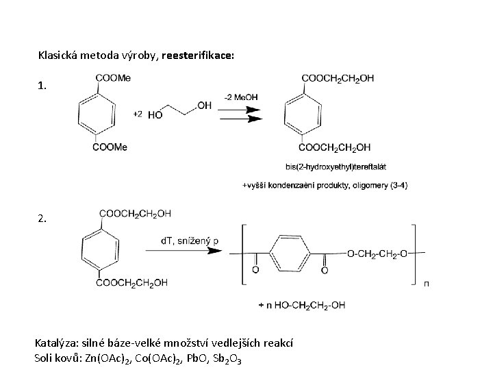 Klasická metoda výroby, reesterifikace: 1. 2. Katalýza: silné báze-velké množství vedlejších reakcí Soli kovů: