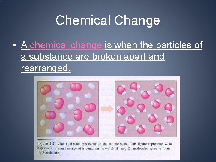 Chemical Change • A chemical change is when the particles of a substance are
