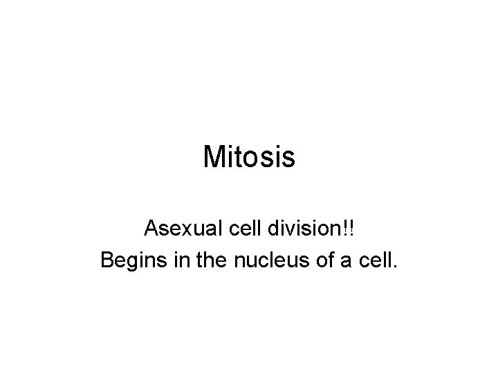 Mitosis Asexual cell division!! Begins in the nucleus of a cell. 