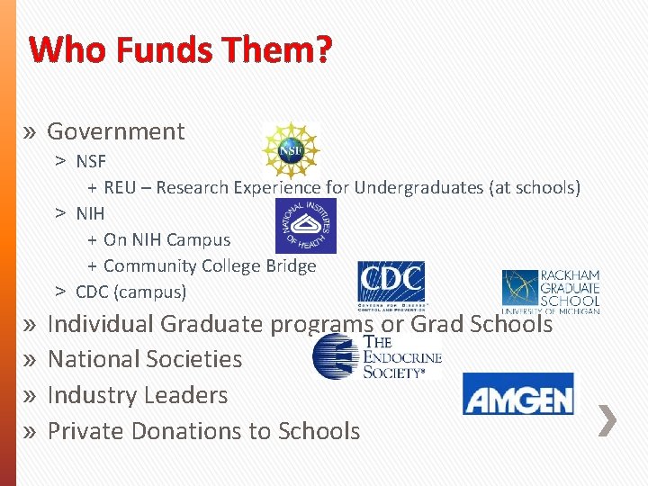 Who Funds Them? » Government ˃ NSF + REU – Research Experience for Undergraduates