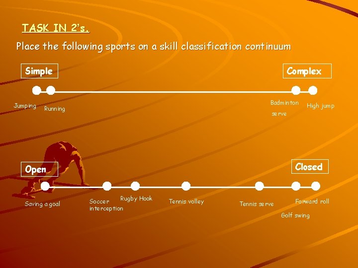 TASK IN 2’s. Place the following sports on a skill classification continuum Simple Jumping