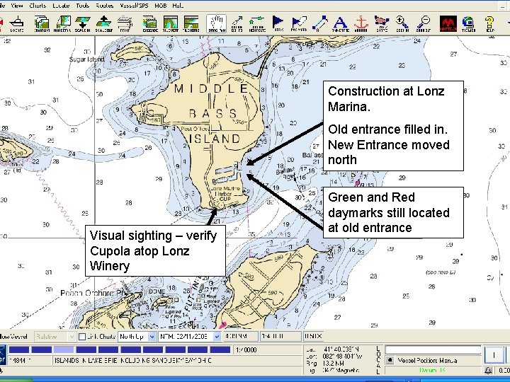 Construction at Lonz Marina. Old entrance filled in. New Entrance moved north Visual sighting
