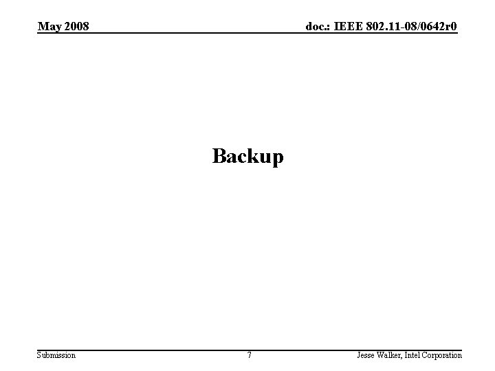 May 2008 doc. : IEEE 802. 11 -08/0642 r 0 Backup Submission 7 Jesse