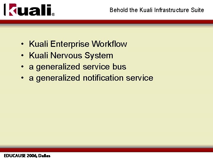 Behold the Kuali Infrastructure Suite • • Kuali Enterprise Workflow Kuali Nervous System a