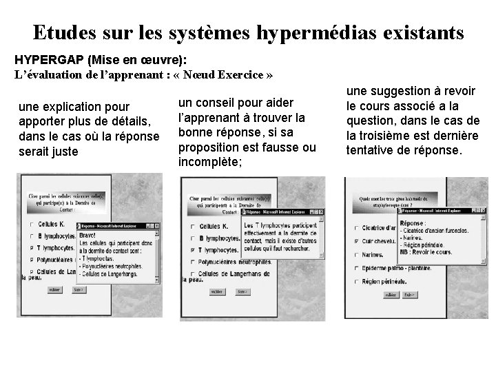 Etudes sur les systèmes hypermédias existants HYPERGAP (Mise en œuvre): L’évaluation de l’apprenant :