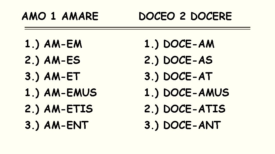 AMO 1 AMARE DOCEO 2 DOCERE 1. ) AM-EM 1. ) DOCE-AM 2. )
