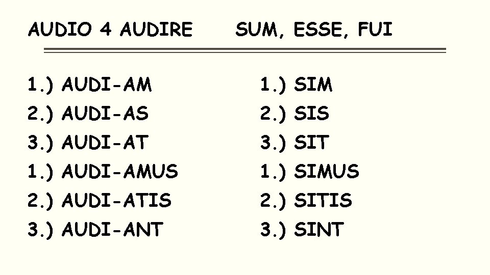 AUDIO 4 AUDIRE SUM, ESSE, FUI 1. ) AUDI-AM 1. ) SIM 2. )