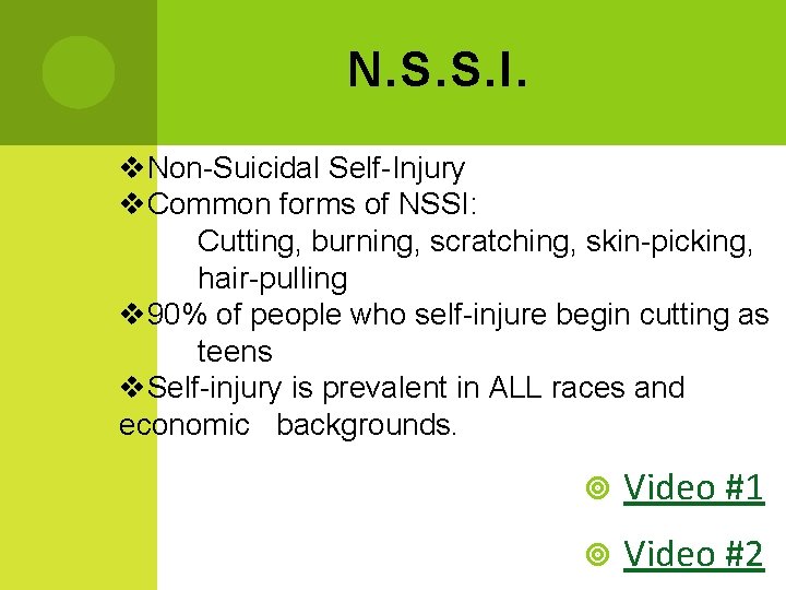 N. S. S. I. v. Non-Suicidal Self-Injury v. Common forms of NSSI: Cutting, burning,