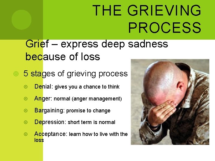 THE GRIEVING PROCESS Grief – express deep sadness because of loss 5 stages of