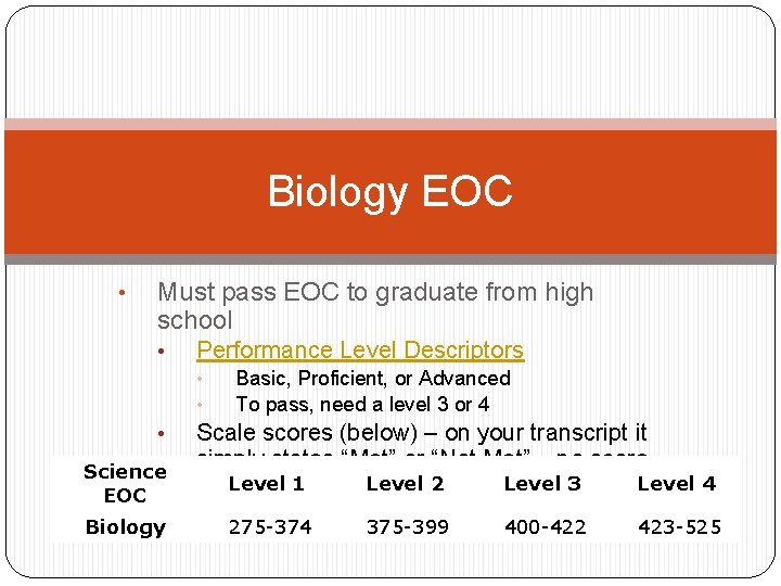 Biology EOC • Must pass EOC to graduate from high school • Performance Level