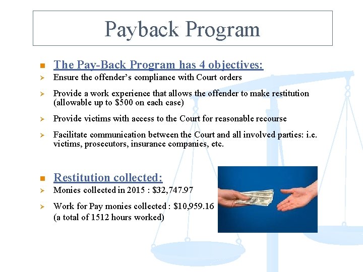 Payback Program n The Pay-Back Program has 4 objectives: Ø Ensure the offender’s compliance