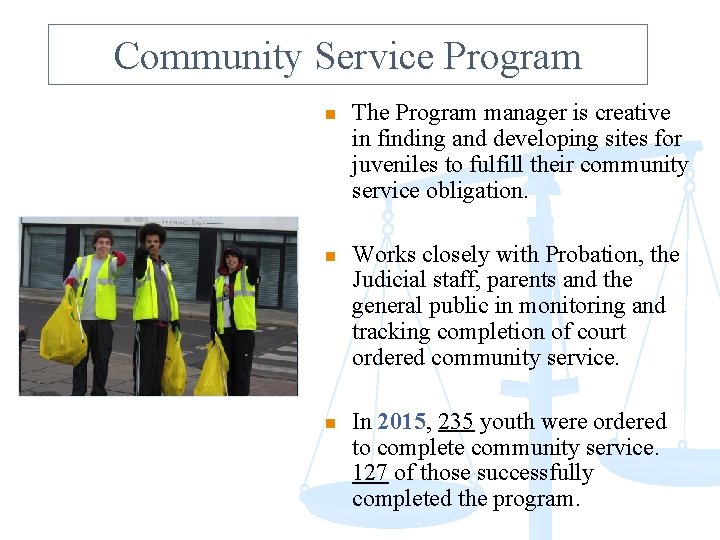 Community Service Program n The Program manager is creative in finding and developing sites