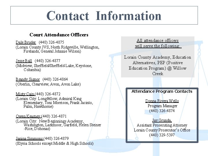 Contact Information Court Attendance Officers Dale Bruder (440) 326 -4875 (Lorain County JVS, North