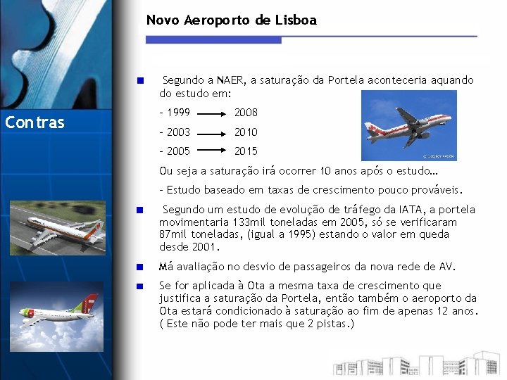 Novo Aeroporto de Lisboa Segundo a NAER, a saturação da Portela aconteceria aquando do