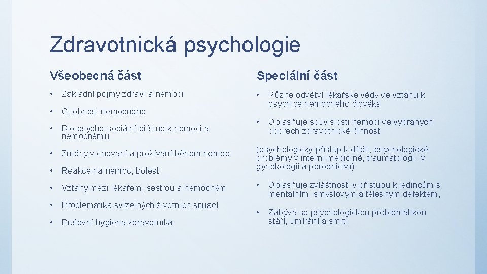 Zdravotnická psychologie Všeobecná část Speciální část • Základní pojmy zdraví a nemoci • •