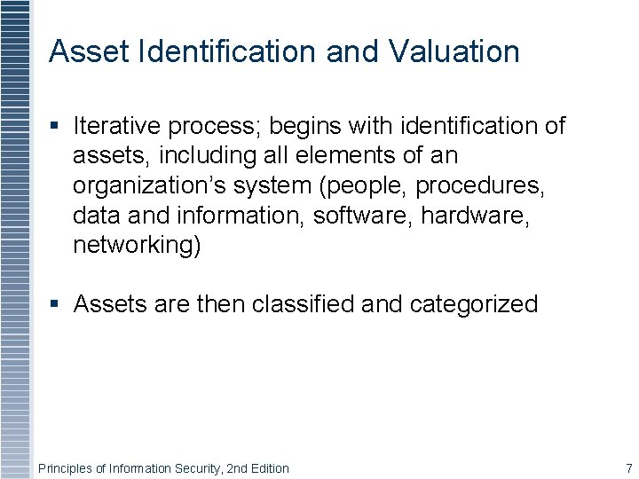 Asset Identification and Valuation § Iterative process; begins with identification of assets, including all